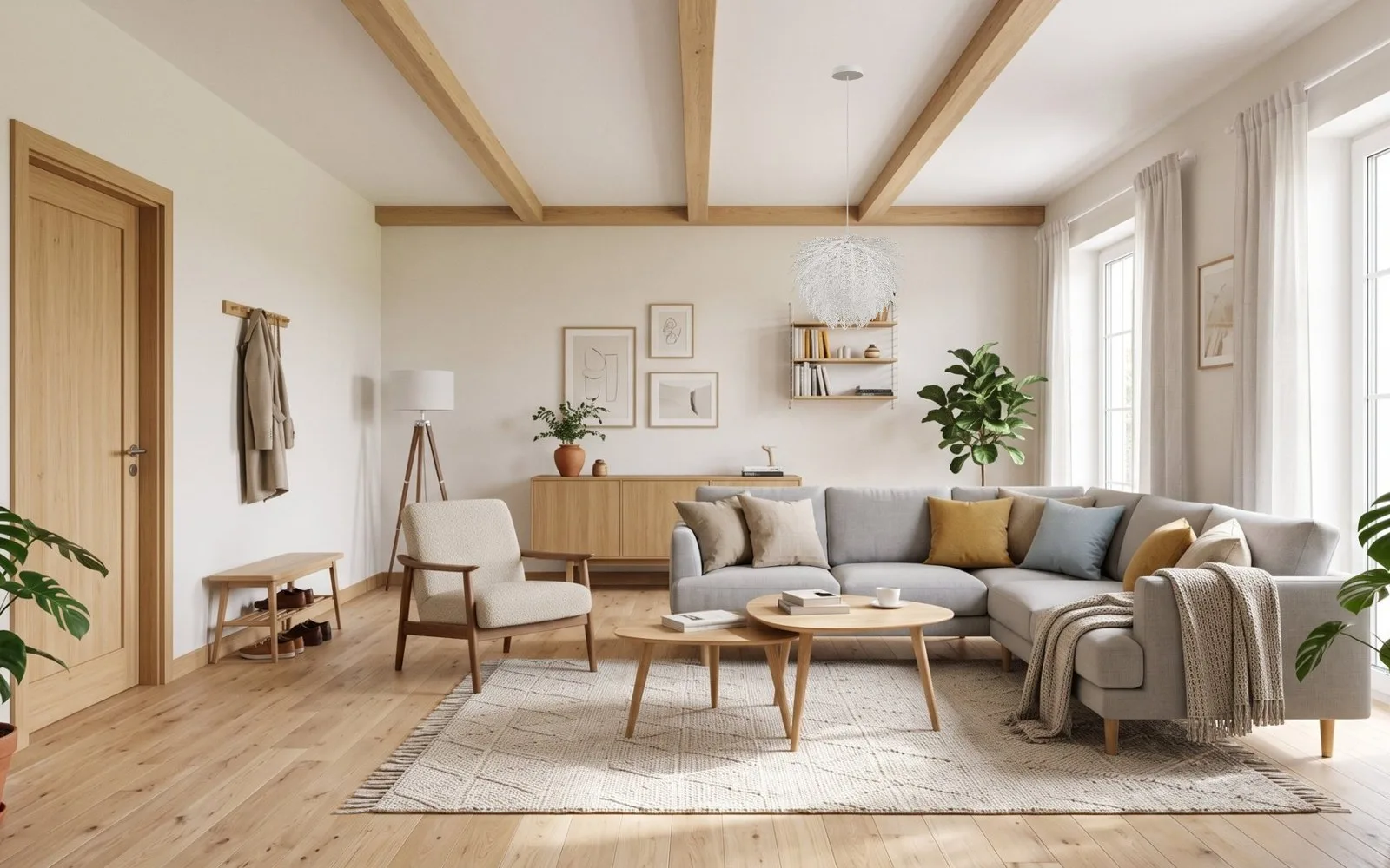 Luminaire blanc et beige suspendu dans un salon clair